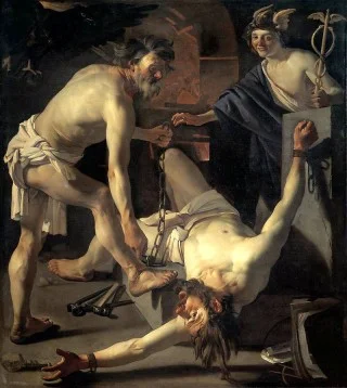 Prometheus wordt geketend door Vulcanus (Hephaistos) van Dirck van Baburen (1623)