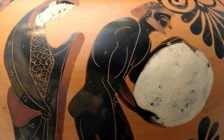 Sisyphus en zijn Sisyphus-arbeid. Links de godin Persephone.