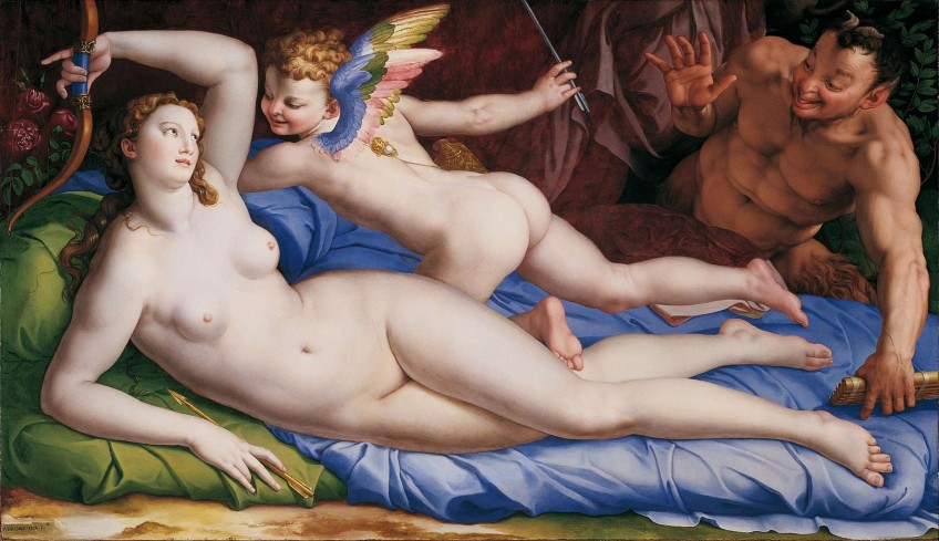 Venus, Cupido en Sater, geschilderd door Agnolo Bronzino