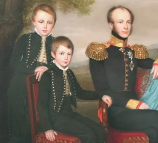 Willem III (l) met zijn broer Alexander en zijn vader