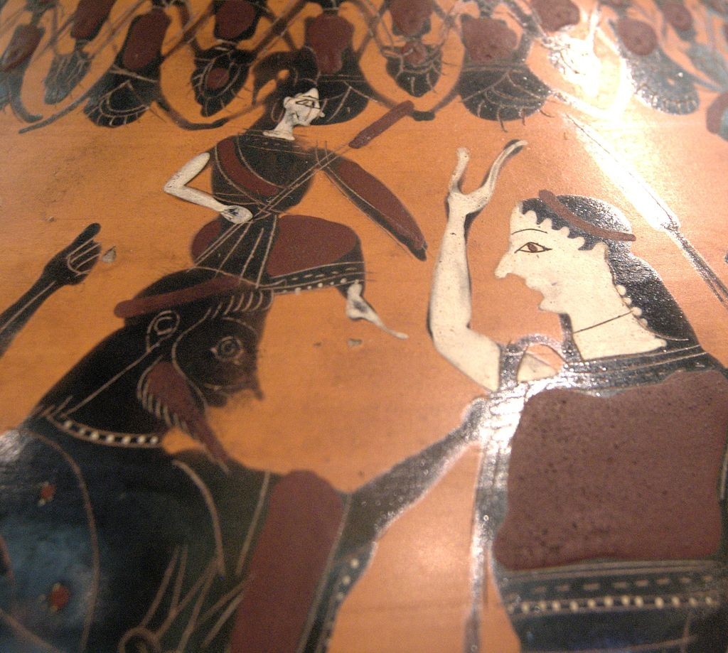 Een gewapende Athena wordt geboren uit het hoofd van Zeus (Attische zwartfigurige amphora, ca. 550-525 v.Chr., Louvre).