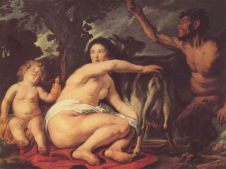 De Jeugd van Zeus door Jacob Jordaens (ca. 1630). Amalthea wordt voorgesteld als de nimf die de geit melkt.