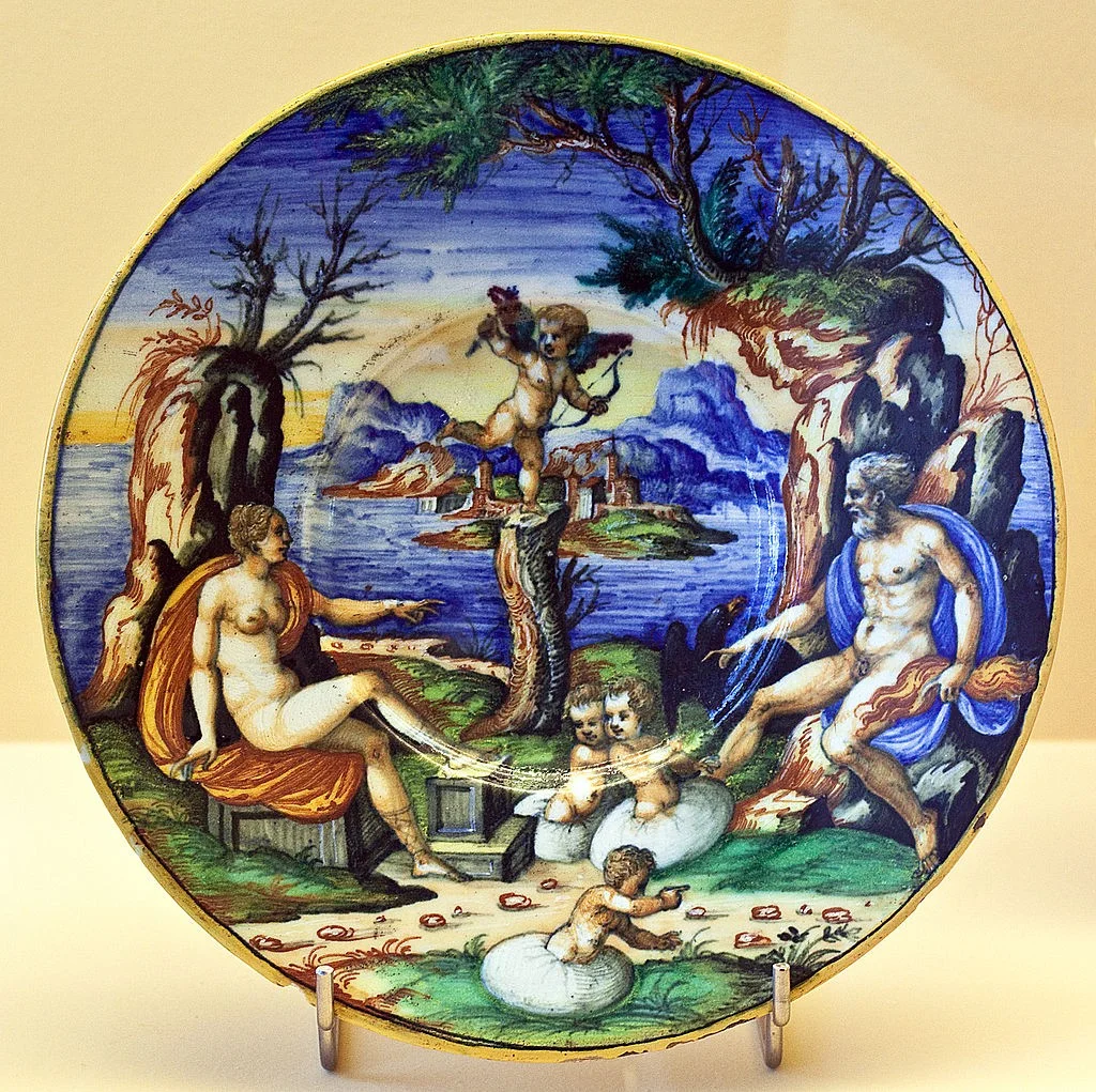 Zeus, Hera en Amor observeren de geboorte van Helena en de Dioskuren (Guido Durantino, 1550)