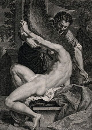 Daedalus bevestigt de vleugels op de rug van zijn zoon Icarus