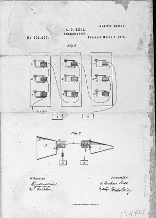 Patenttekening van Bell, 7 maart 1876 (Publiek Domein - wiki)