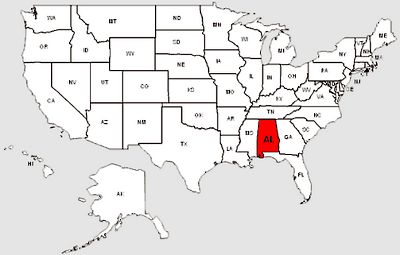 De staat Alabama in het rood gemarkeerd
