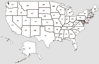 De staat Delaware in het rood gemarkeerd
