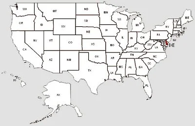 De staat Delaware in het rood gemarkeerd