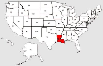 De staat Louisiana in het rood gemarkeerd