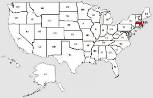 De staat Massachusetts in het rood gemarkeerd