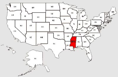 De staat Mississippi in het rood gemarkeerd