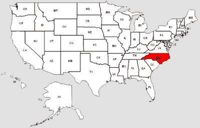 De staat North Carolina in het rood gemarkeerd
