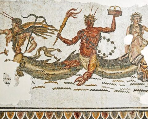 Laat Romeins mozaïek met Phorcys afgebeeld
