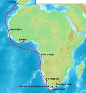 Route van Bartolomeu Dias naar Kaap de Goede Hoop (heenweg rood, terugweg paars)