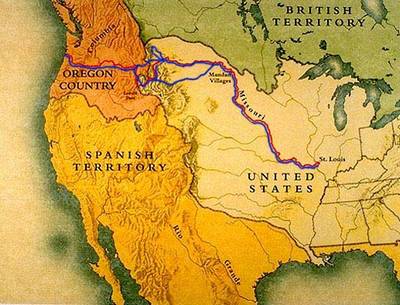 Kaart van de route die Lewis en Clark aflegen