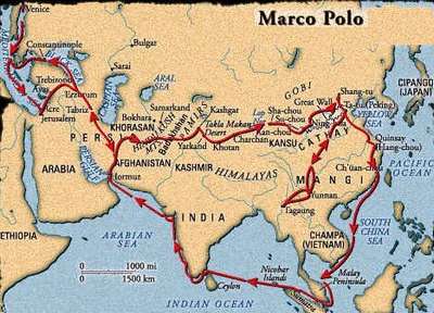Kaart van de route die Marco Polo zou hebben afgelegd