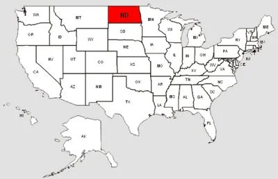 De staat North Dakota in het rood gemarkeerd