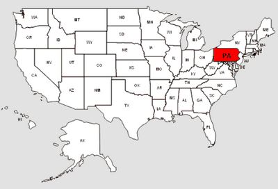 De staat Pennsylvania in het rood gemarkeerd