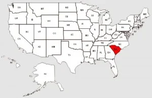 De staat South Carolina in het rood gemarkeerd