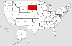 De staat South Dakota in het rood gemarkeerd