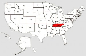 De staat Tennessee in het rood gemarkeerd