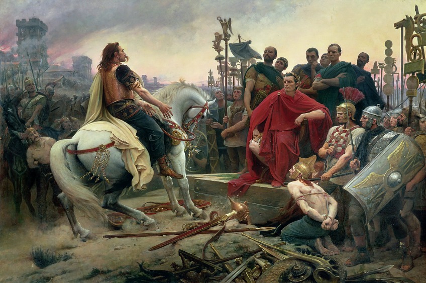 Overgave van Vercingetorix aan Julius Caesar. Schilderij van Lionel-Noël Royer uit 1899.