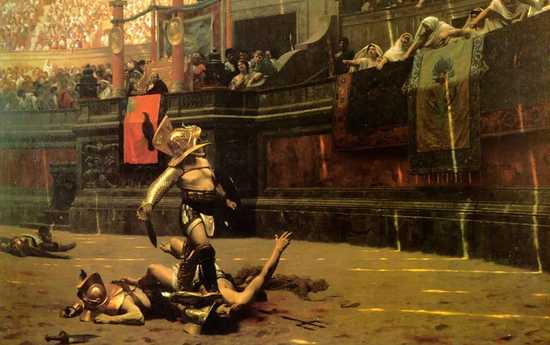 Schilderij van Jean-Léon Gérôme van een gladiatorengevecht in het Colosseum (1872)