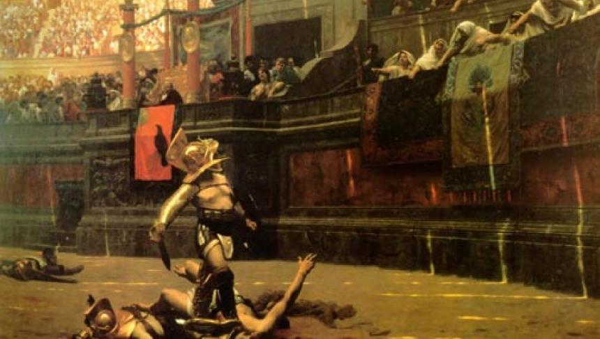 Schilderij van Jean-Léon Gérôme van een gladiatorengevecht in het Colosseum (1872)