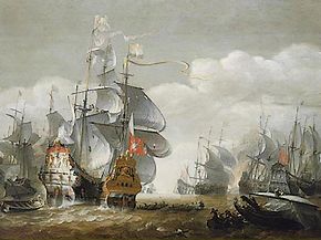 'Slag bij Lowesoft'. Schilderij van Hendrik van Minderhout. De Eendragt (rechts) in gevecht met het vlaggeschip van de Engelsen: HMS Royal Charles.