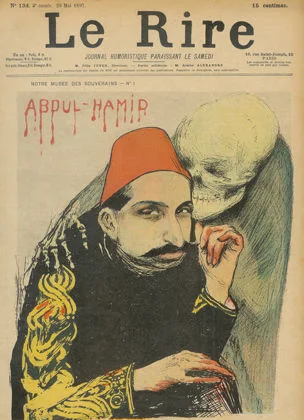 Franse spotprent waarin Abdülhamit wordt afgebeeld als 'Rode Sultan'