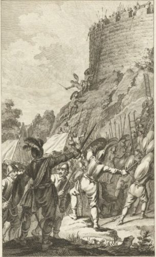 Willems troepen belegeren Ada in de burcht van Leiden. Reinier Vinkeles (1785).