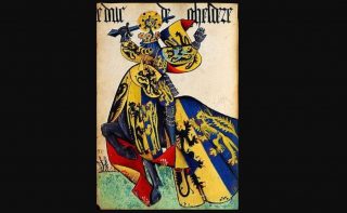 Adolf van Egmond te paard, met gespiegeld wapen en dekkleed. Bron: Wapenboek van de Orde van het Gulden Vlies (Publiek Domein - wiki)