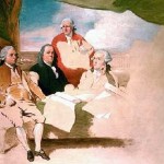 Ondertekening van de Vrede van Parijs in 1783 - vlnr: John Jay, John Adams, Benjamin Franklin, Henry Laurens, and William Temple Franklin