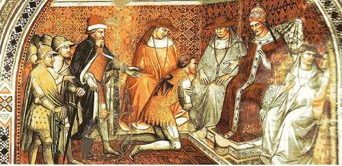 Keizer Frederik I erkent Alexander III als paus (Fresco van Spinello Aretino)