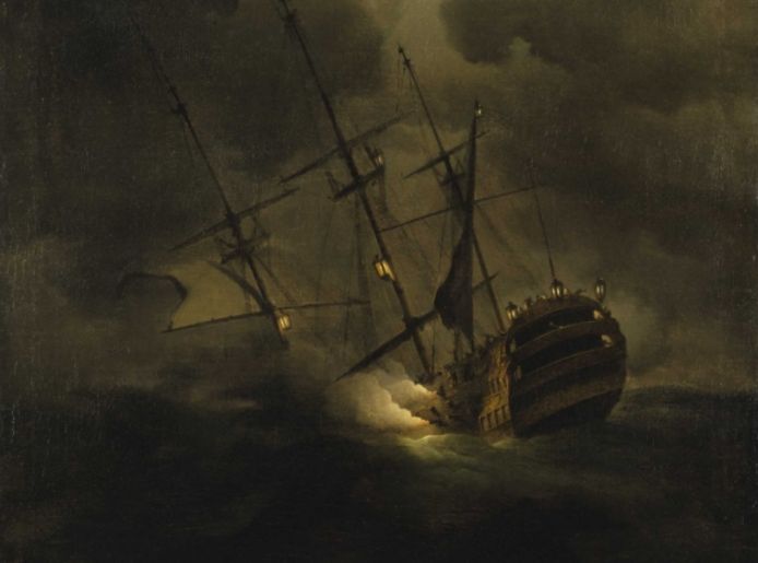 Detail van een schilderij met daarop de zinkende HMS Victory (Peter Monamy)