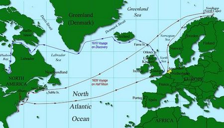 Kaart met daarop de reizen van Henry Hudson. In het rood zijn reis met de Halve Maein in 1609 en in het blauw zijn reis met de Discovery (Afbeelding: www.freewebs.com/blanchma)