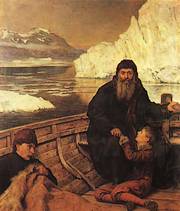 Hudson met zijn zoon John in een klein bootje na de muiterij (John Collier, 1881)