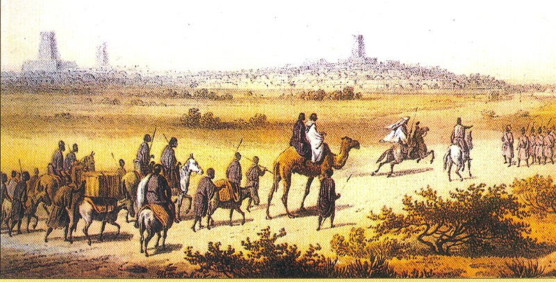 Heinrich Barth nadert Timboektoe in 1853 (Afbeelding uit: Reisen und Entdeckungen, dl 4)