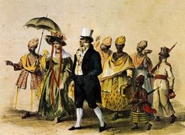 Planter vergezeld door zijn slaven op weg naar de kerk, Pierre Jacques Benoit - 1839 (Afb: museumkennis.nl)