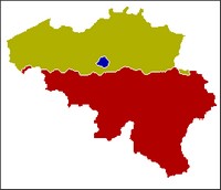 De Belgische gewesten. Het Vlaams gewest, Brussels Hoofdstedelijk Gewest (blauw) en het Waals Gewest (rood)