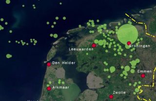 Aardgasvelden in Nederland. (Een deel van de velden op zee is niet afgebeeld.) - wiki