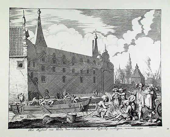 Prent van Jan Luyken waarop het lossen van het schip aan de noordzijde van het kasteel in Breda te zien is