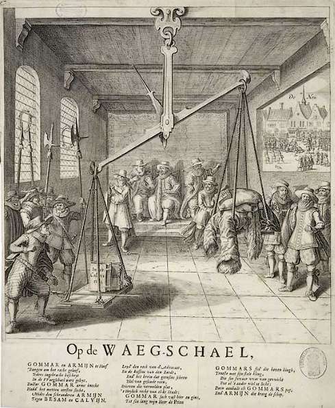 Anonieme spotprent uit 1618. De gravure laat zien hoe de contra-remonstrant Gomarus de strijd met de remonstranten won doordat prins Maurits (links) zijn zwaard op de weegschaal legde. Vers onder de prent is van Joost van den Vondel