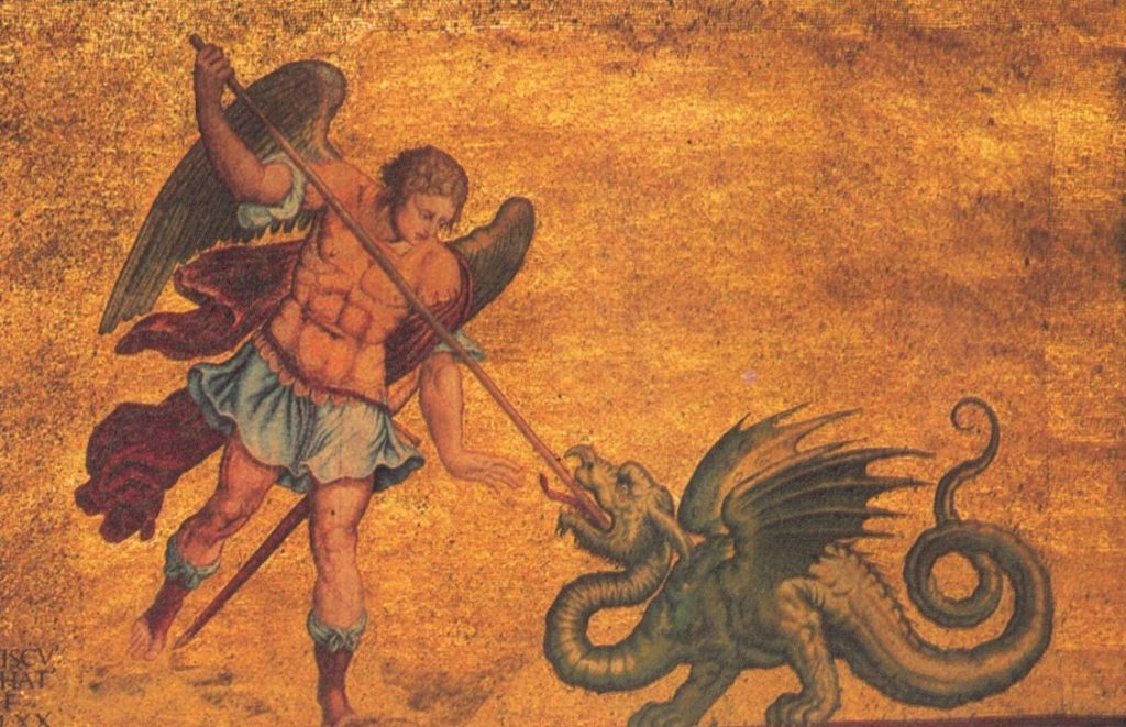 Aartsengel Michaël en de draak - Romeins mozaïek (Publiek Domein - wiki)