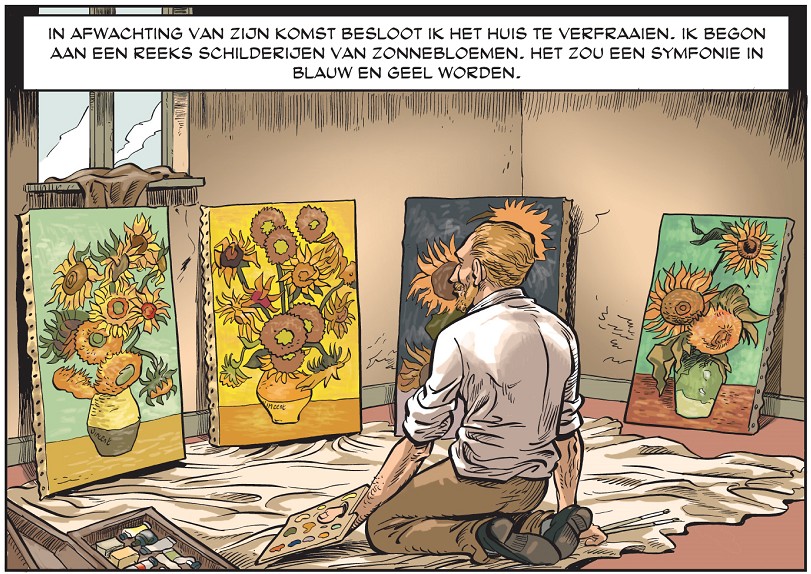 Marc Verhaegen: “Hier zie je Vincent Van Gogh bij zijn zonnebloemen. Hij heeft er inderdaad verschillende versies van gemaakt. De donkere versie op de prent is verloren gegaan, waarschijnlijk vernield, in de Tweede Wereldoorlog. Van deze schilderijen beweerde Paul Gauguin dat Vincent het geel niet goed gebruikte.”