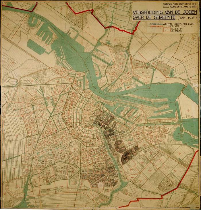De in opdracht van Hans Böhmcker vervaardigde ‘stippenkaart’ met daarop de verspreiding van Joden in Amsterdam.