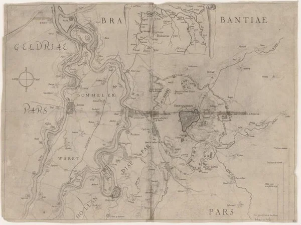 Kaart van ’s-Hertogenbosch en omgeving met de belegering van de stad door Fredrik Hendrik in 1629, kopergravure – Foto: BHIC