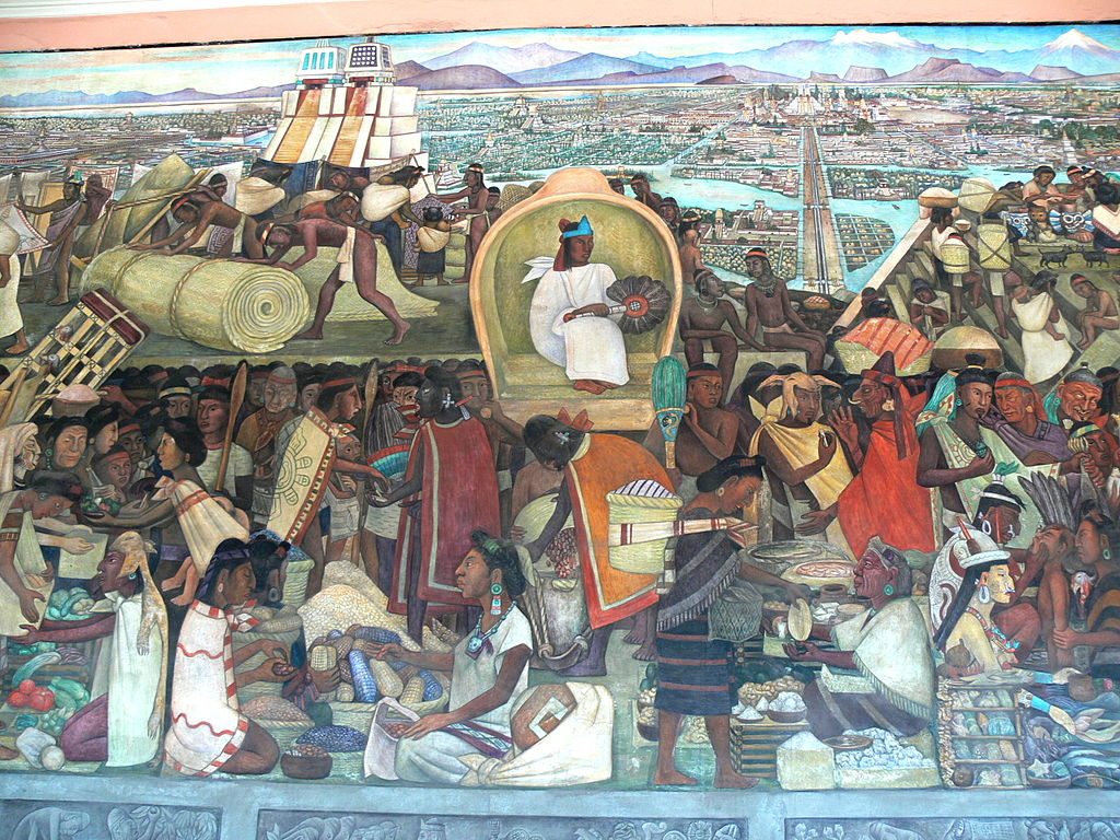 Muurschildering van Diego Rivera over het leven in Mexico in de tijd van de Azteken
