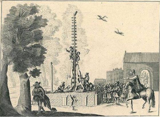 De lichamen van de gebroeders de Witt opgehangen op het Groene Zoodje, 1672