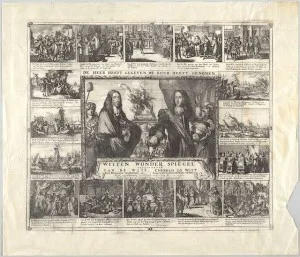 Prent uit 1672 waarop de geschiedenis van de gebroeders De Witt wordt verteld – Afb: KB